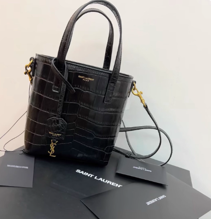 YSL/圣罗兰 黑金鳄鱼压纹mini tote水桶包手提斜跨包