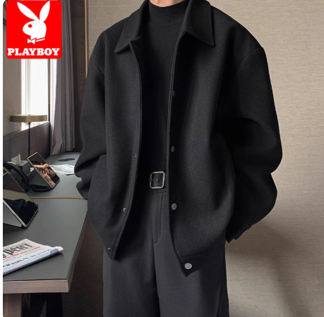 花花公子毛呢外套男士秋冬季加棉加厚大衣休闲高级感翻领呢子夹克