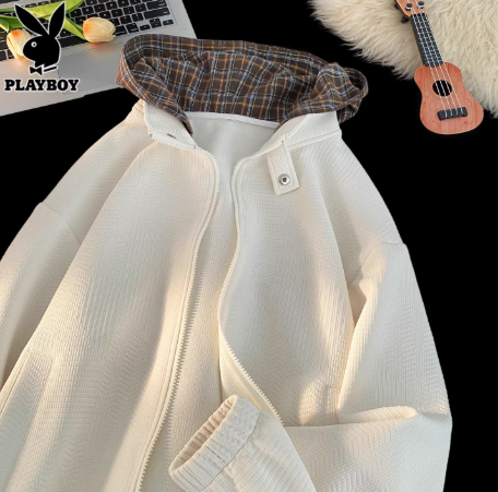 花花公子格子连帽夹克男士秋季新款潮流提花美式高街宽松外套男装